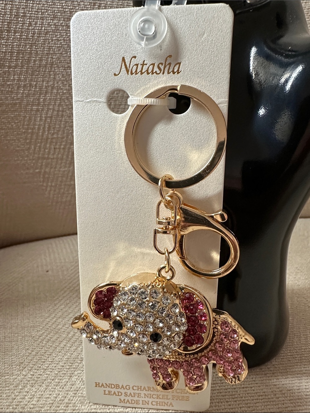 Natasha Couture Gold-Tone Elephant Keyring Bag Charmwith Pink and Clear Crystals